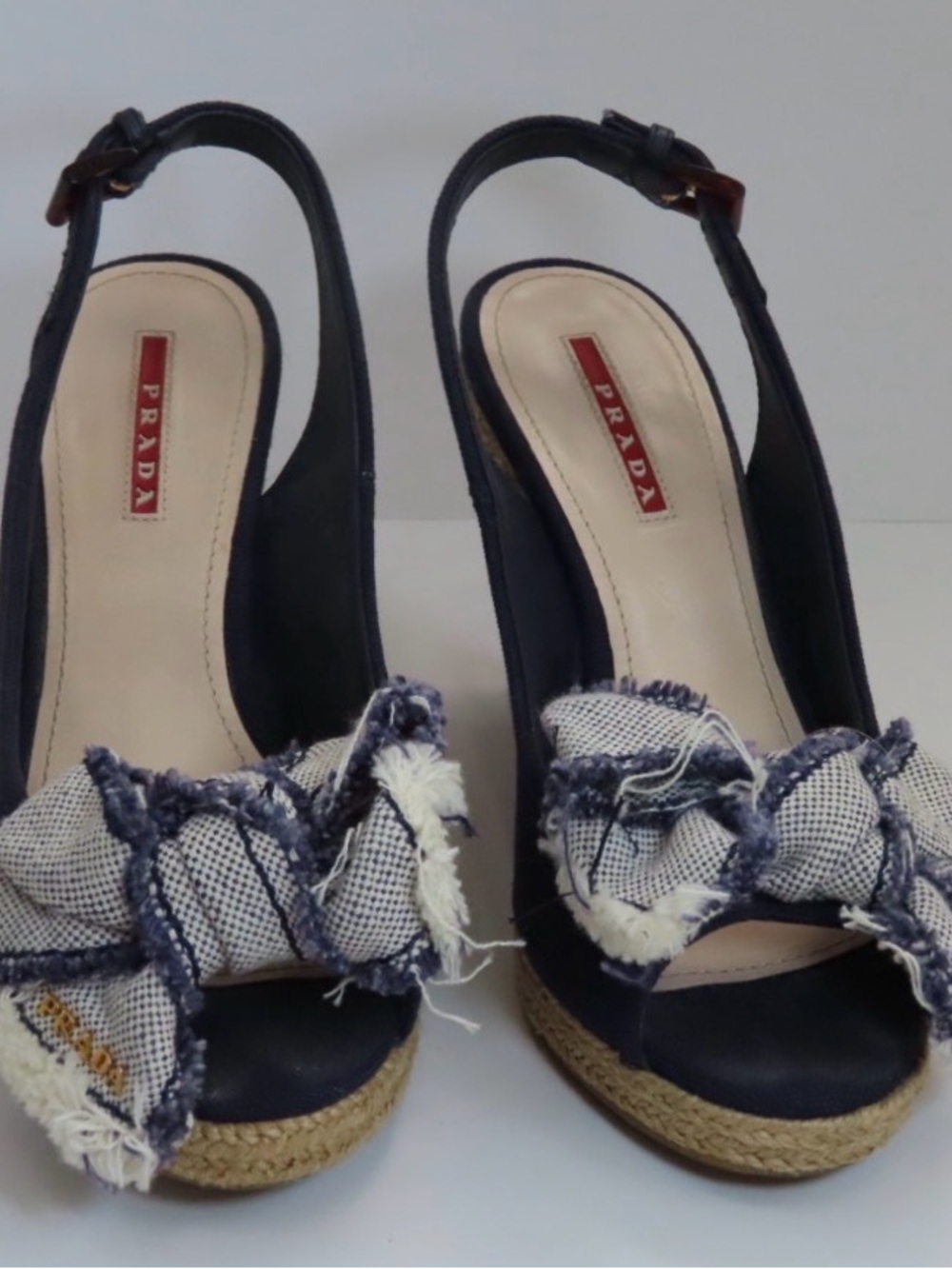 Prada Navy Slingback Espadrille Wedges with Frayed Bow size 6 women’s 36European